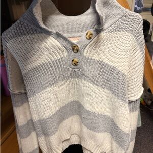 SO Women's Gray and Cream Striped Cowl Neck Sweater